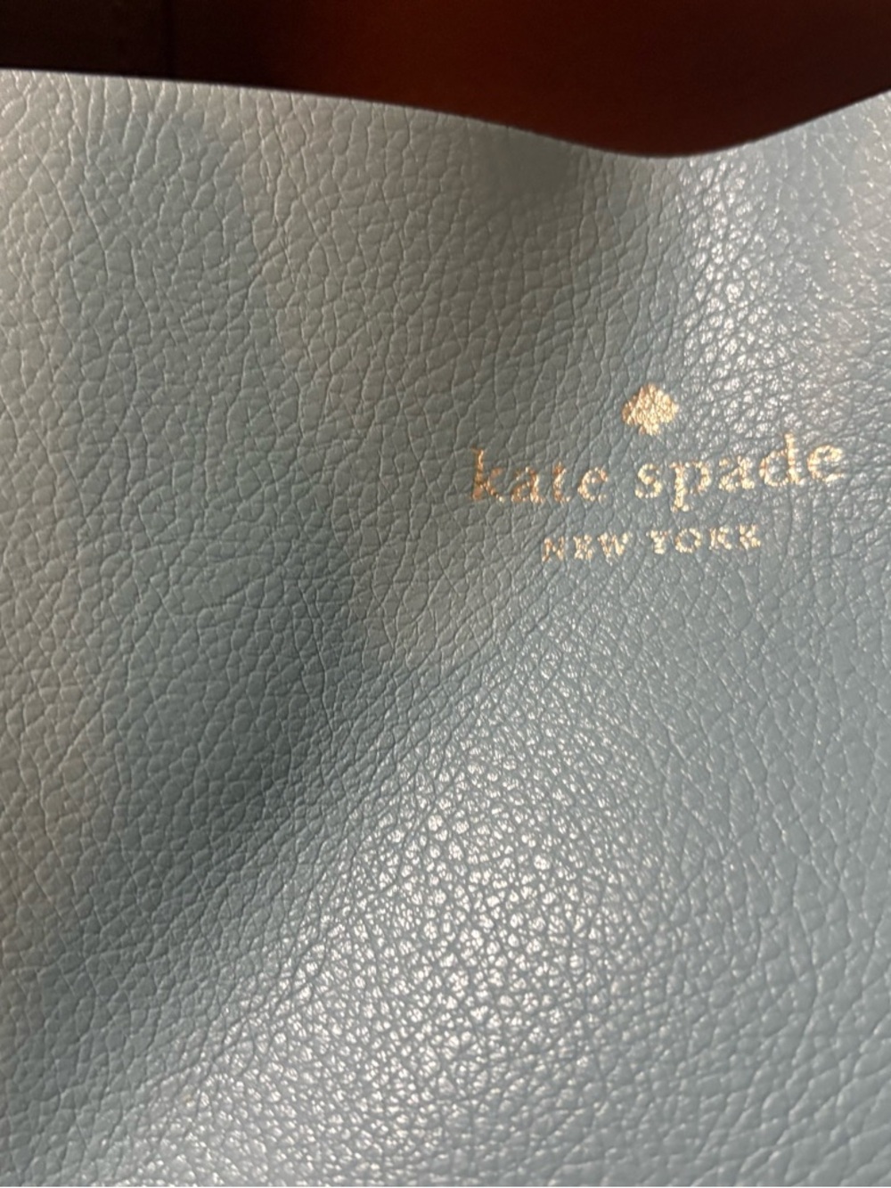 kate spade pale blue leather tote with gold logo